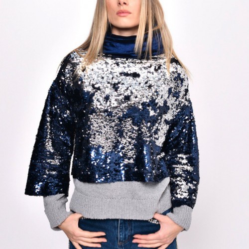 Gri mavi payetli tasarım kazak