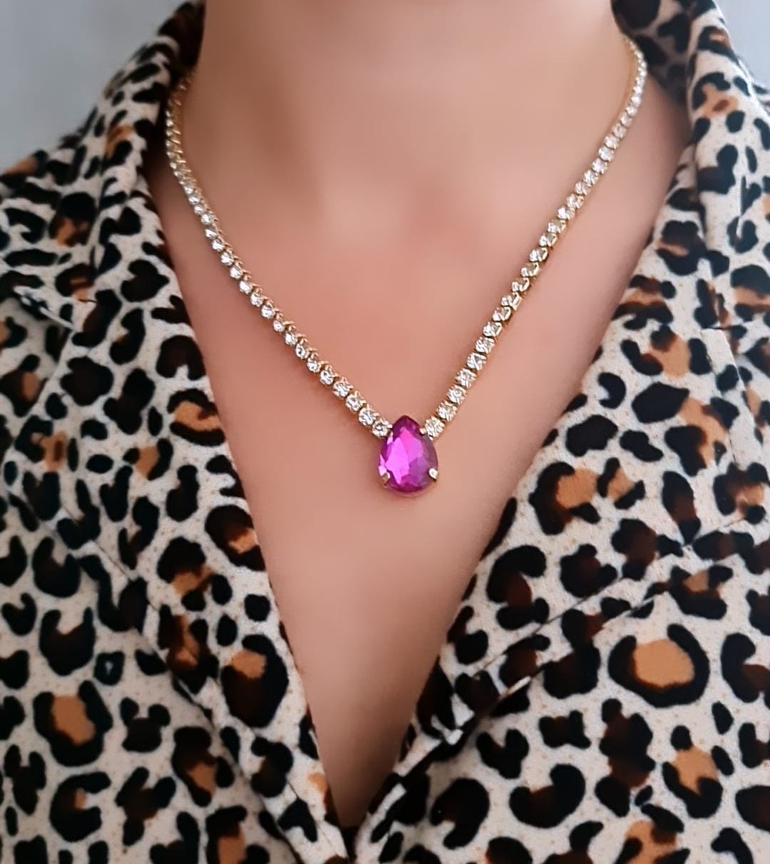 Gold fuşya pembe taşlı kolye